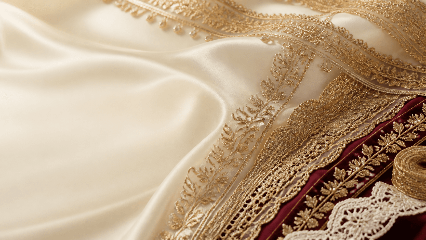 Gold zari lace borders on ivory silk fabric