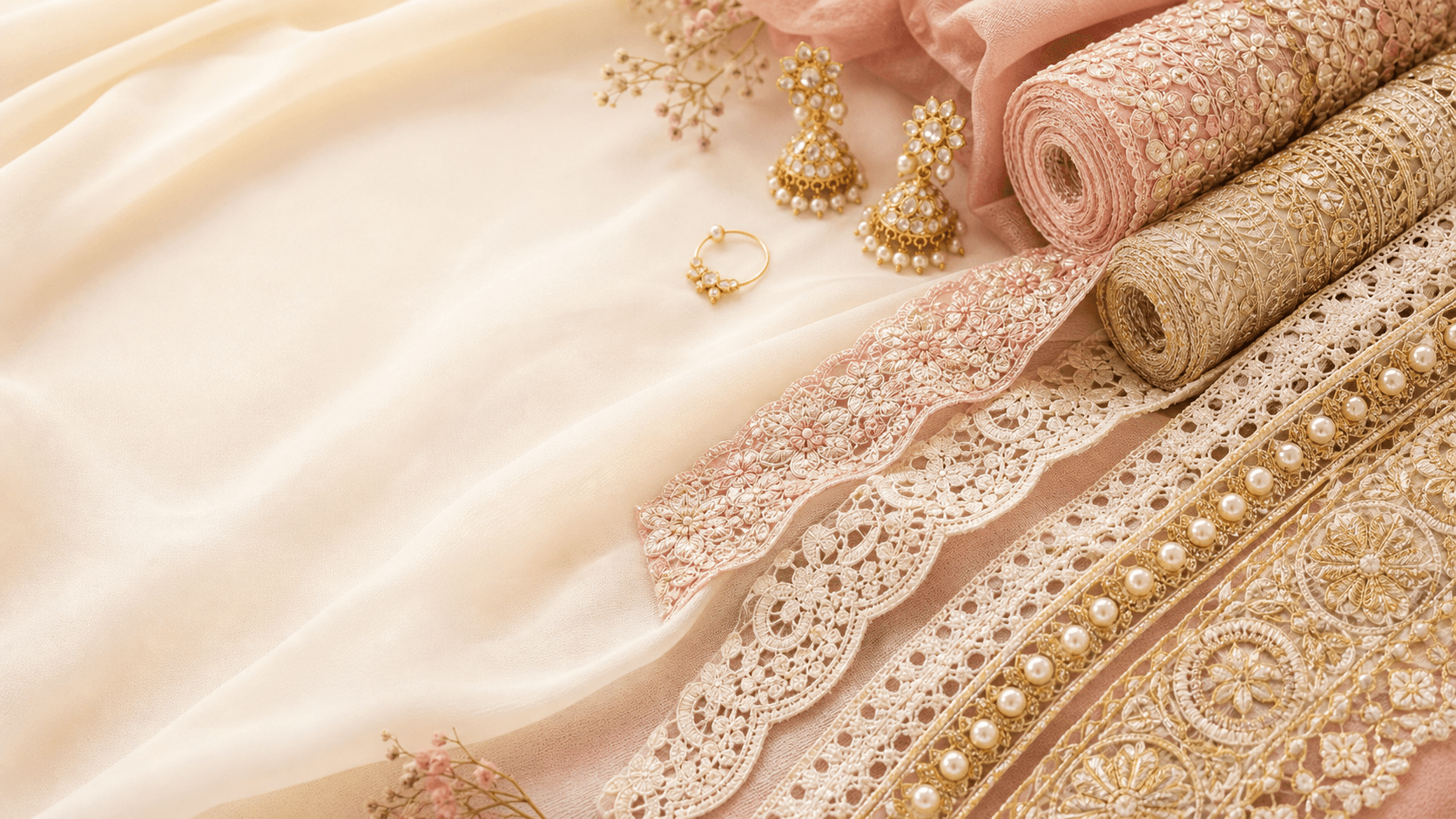 Pearl lace trims and artificial jewellery accents on soft textile